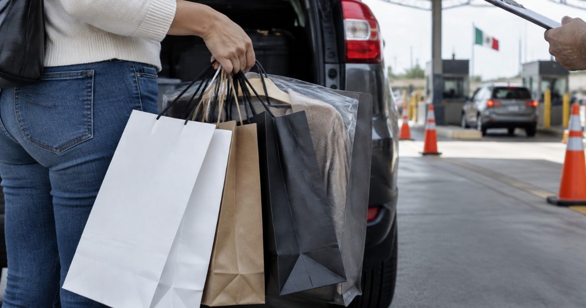 Manos con bolsas de compras junto a una cajuela abierta en un carril de revisión de la aduana mexicana